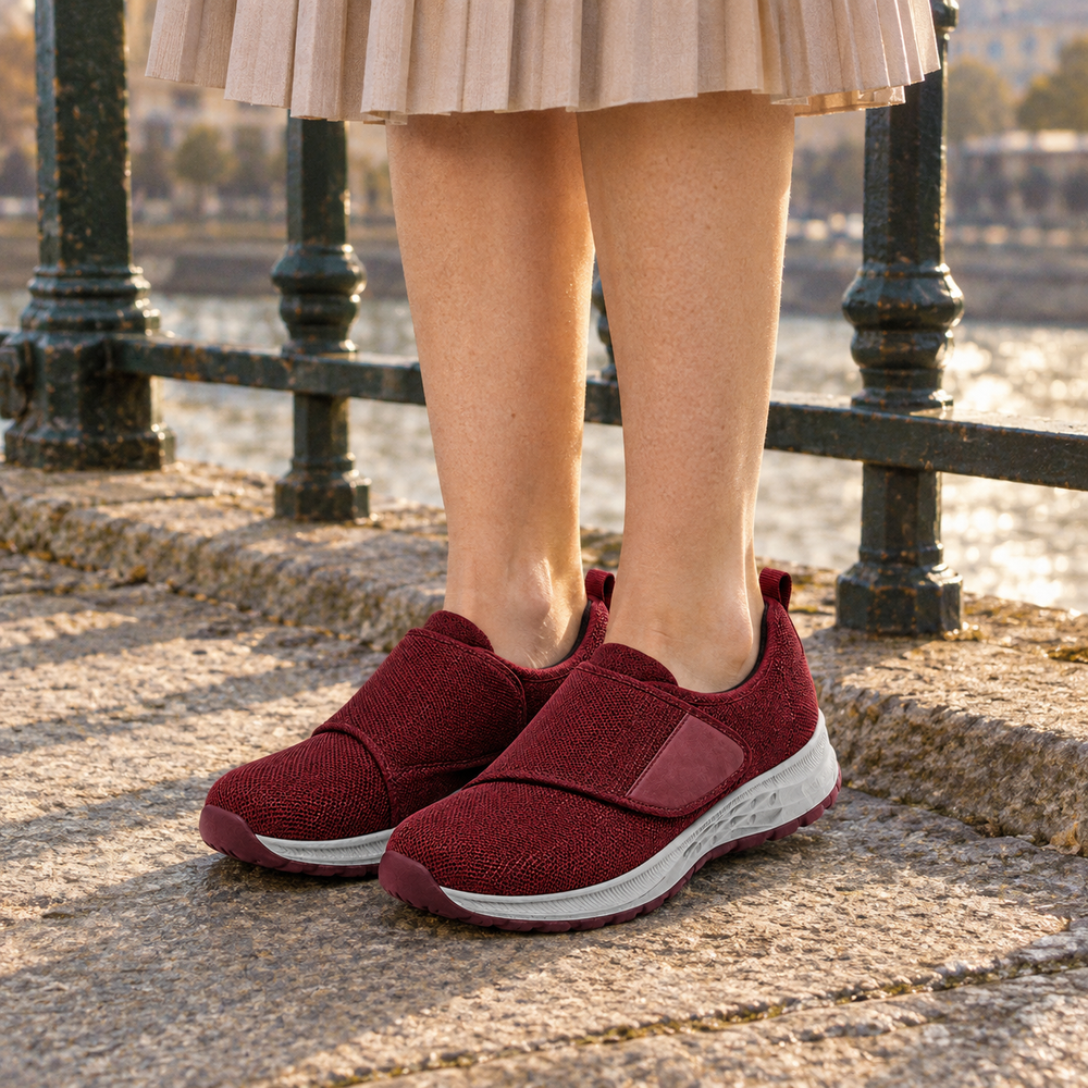Arbus Orthopedic Walking Shoes - Burgundy - on foot side