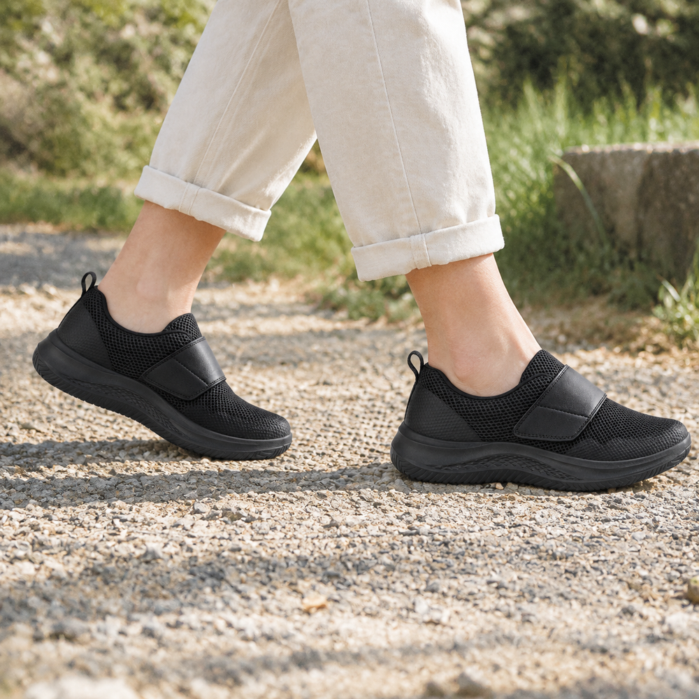 Arco Women's Orthopedic Walking Shoes - Black - on foot side