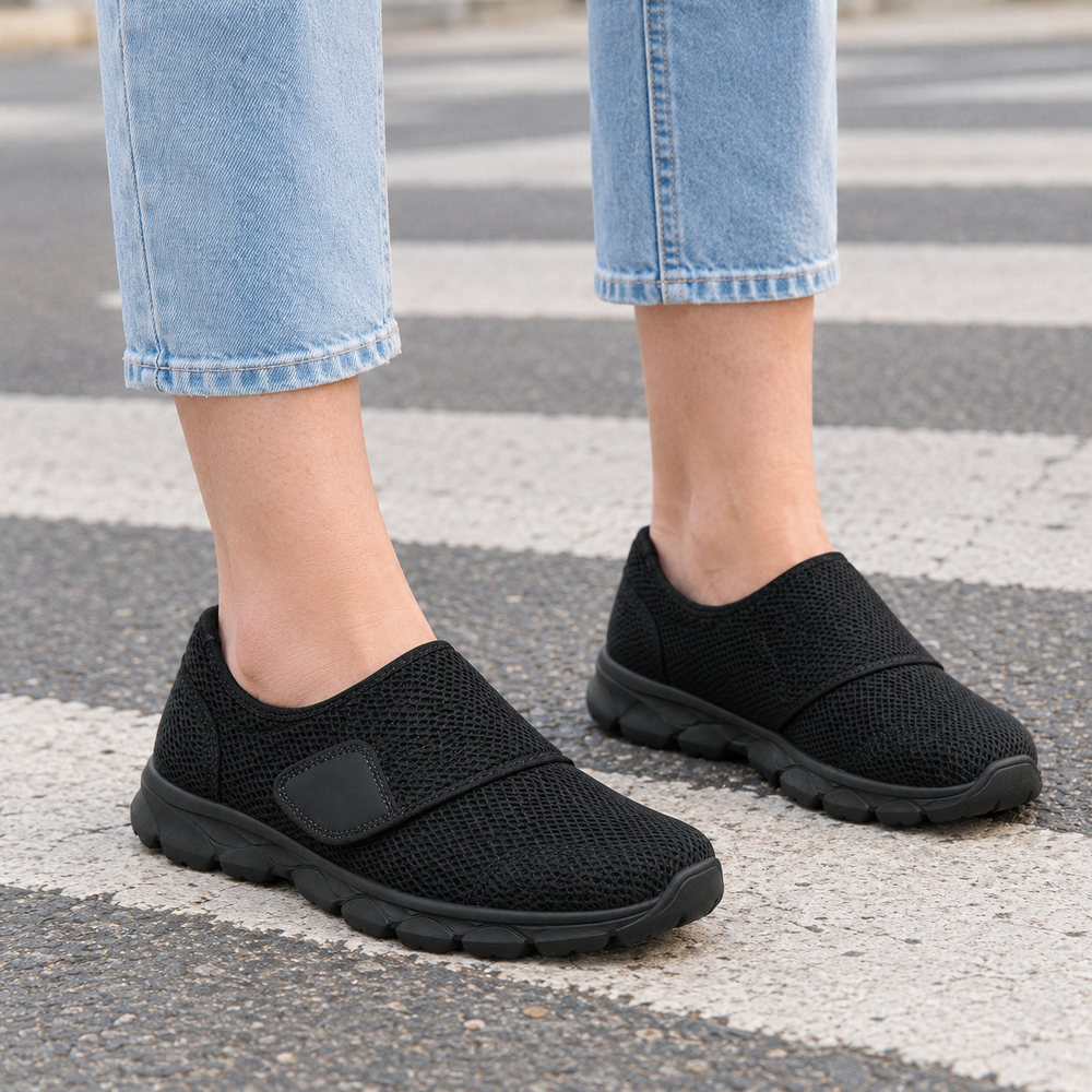 Bellano Orthopedic Walking Shoes - All Black - on foot side