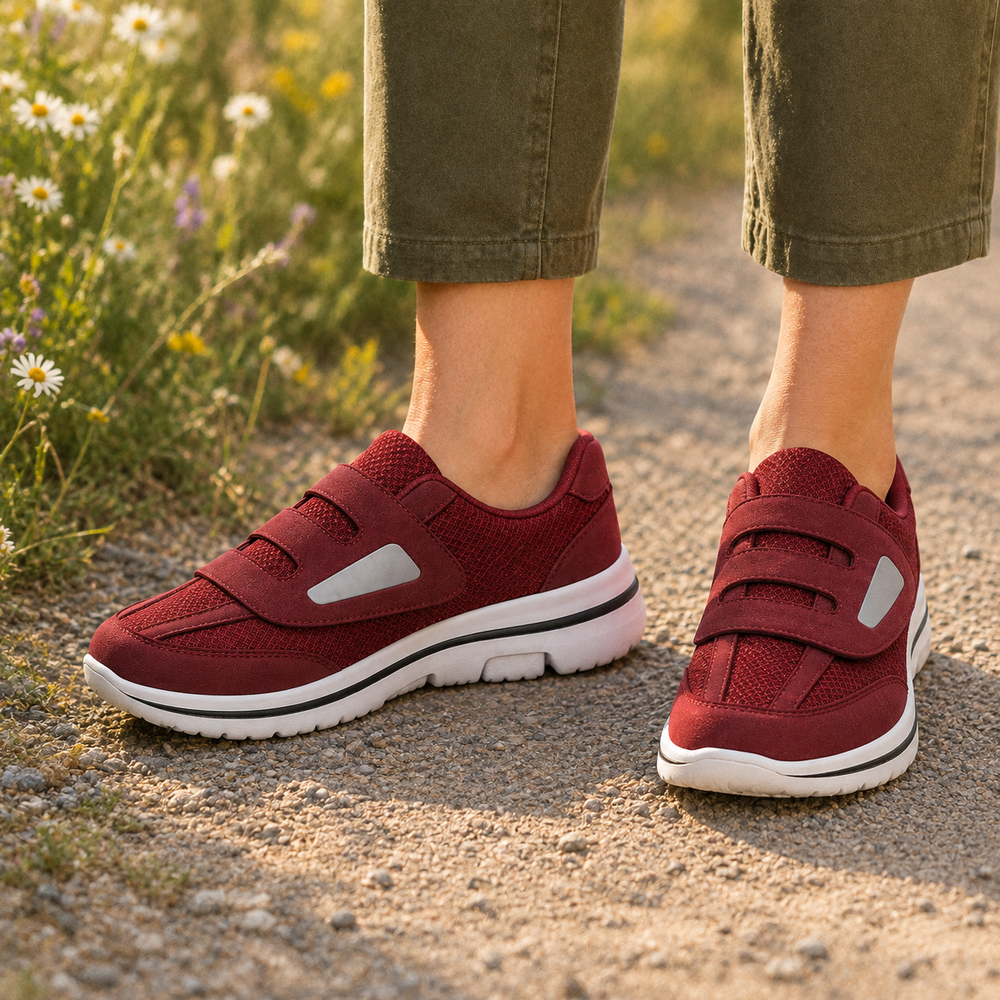 Enna Orthopedic Comfort Shoes - Burgundy - on foot side