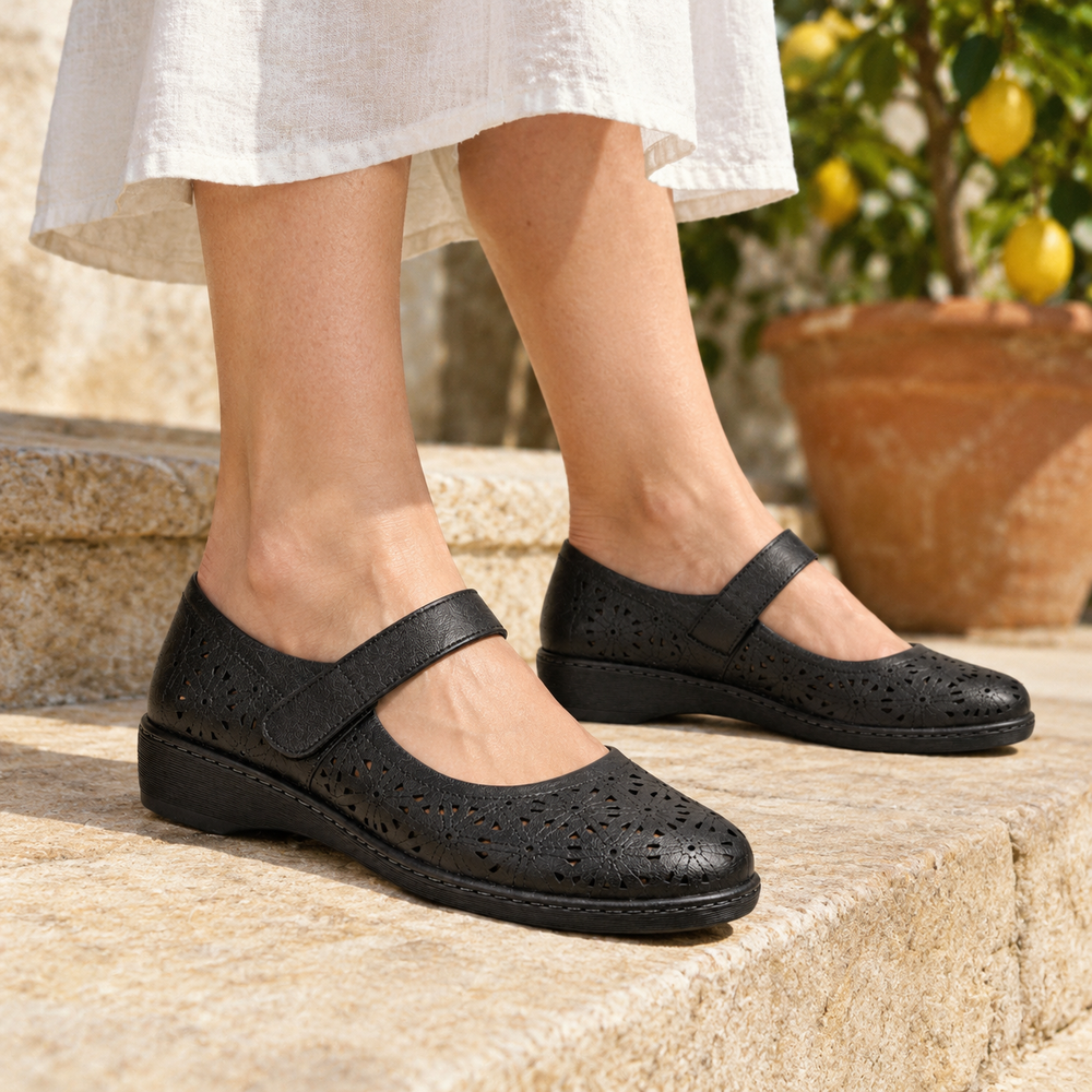 Ferrara Orthopedic Sandals - Black - on foot side