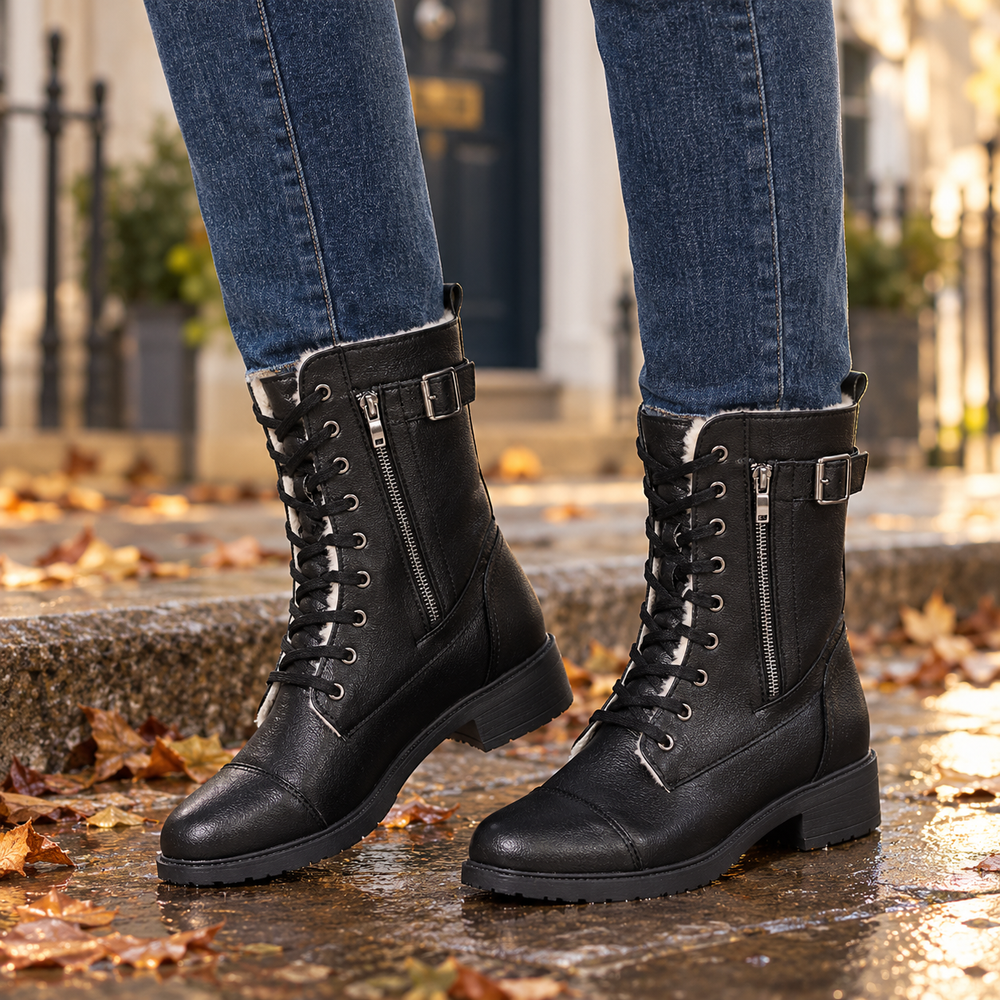 Poppi Lace-Up Boots in Black (on foot)
