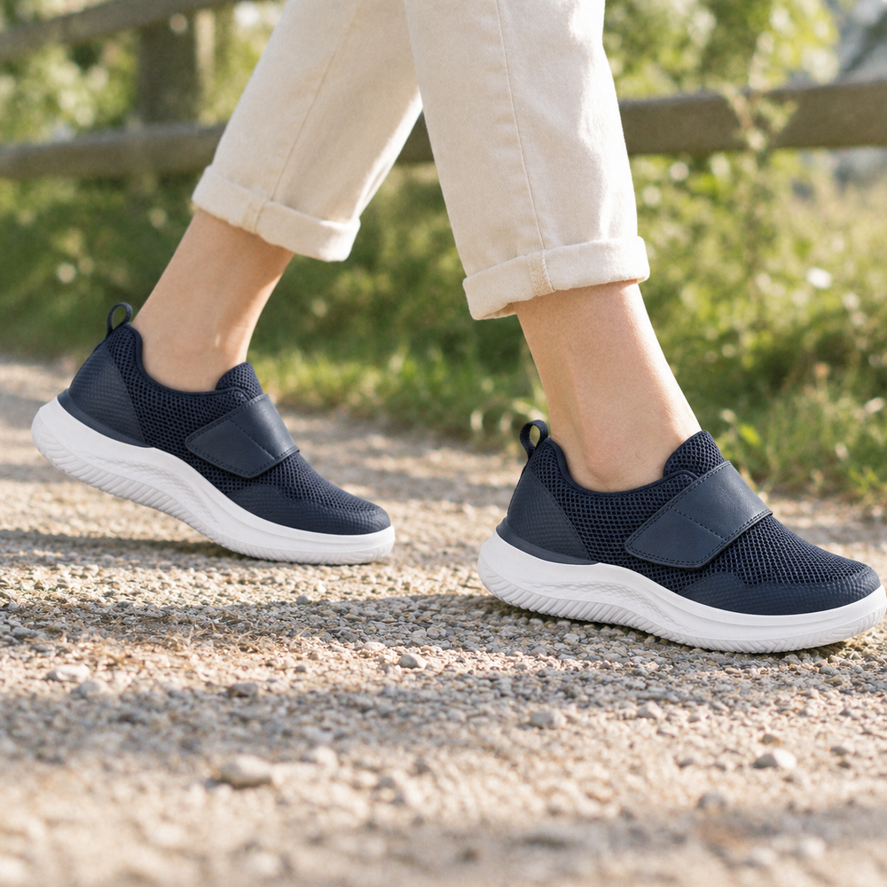 Arco Women's Orthopedic Walking Shoes - Navy - on foot side