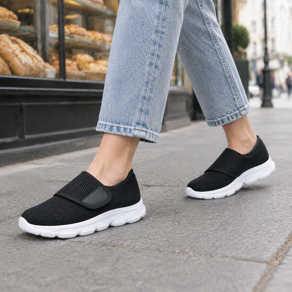 Bellano Orthopedic Walking Shoes - Black / White - on foot