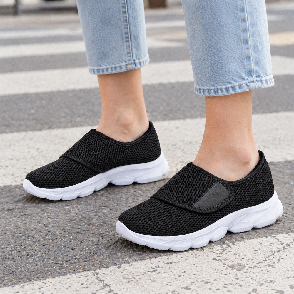 Bellano Orthopedic Walking Shoes - Black / White - on foot side