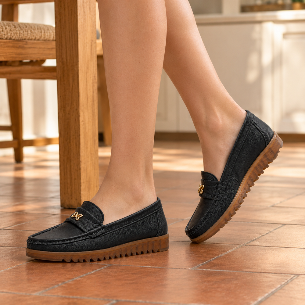 Elba Orthopedic Moccasins - Black - on foot side