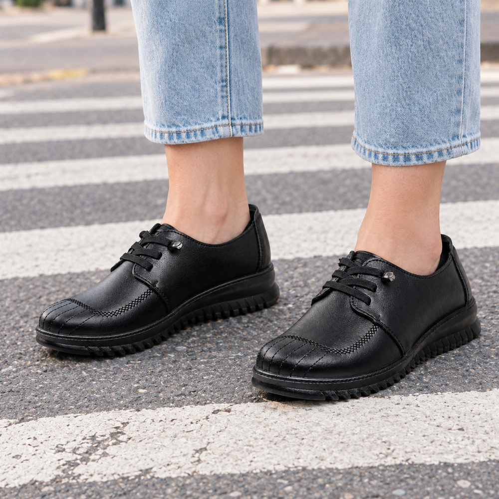 Lecce Orthopedic Comfort Shoes - Black - on foot side